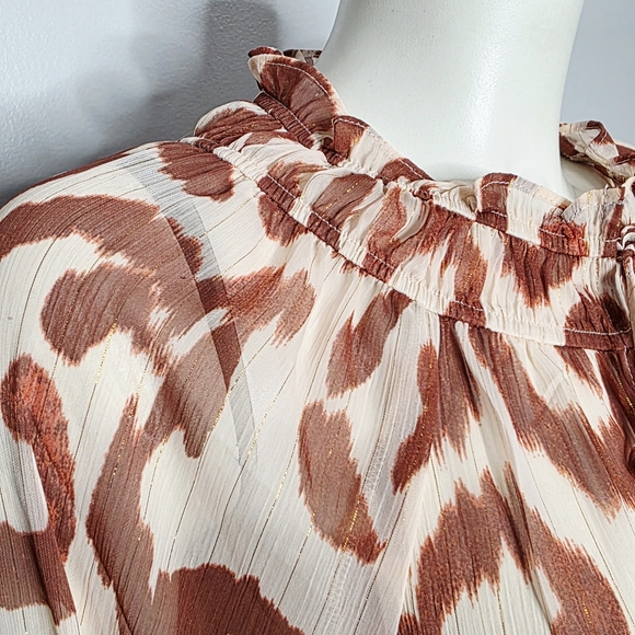 Sheer Women's Ruffle-Neck Button Front Blouse - Cream & Rust - Picture 2 of 9